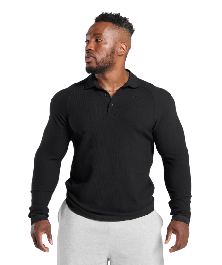 Gymshark Long Sleeve Waffle Polo Shirt Black