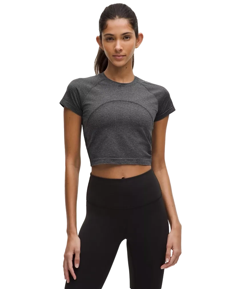 Lululemon Swiftly Tech Cropped Short Sleeve Shirt 2.0 Spandex Stripe Black/white