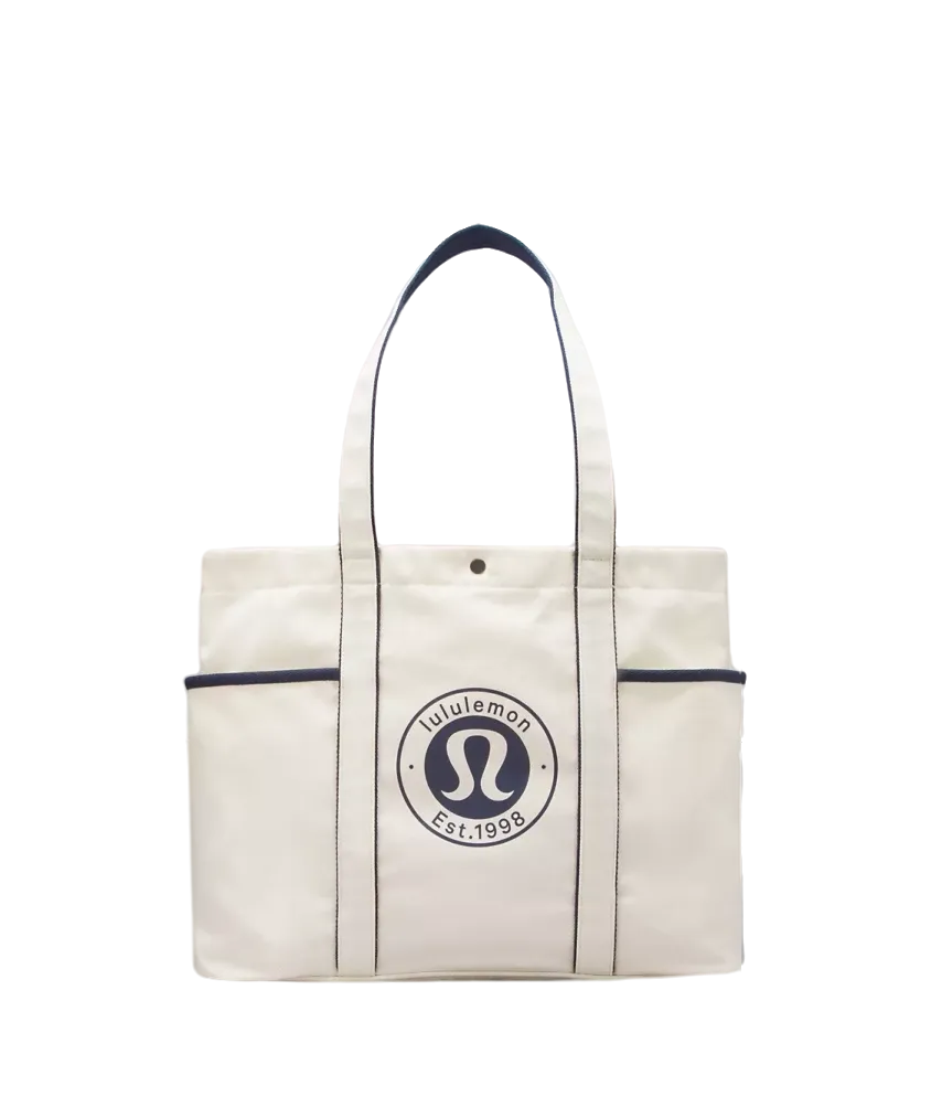 Lululemon Daily Multi Pocket Canvas Tote Bag 20l Logo Natural/true Navy